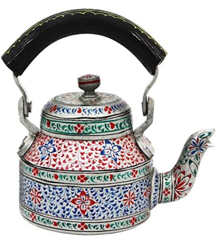 Handpainted Traditional Aluminium Decorative Tea Kettle – 8.5 x 8.25 x 5.5 Inches, Colorful Design, Perfect for Home Décor & Tea Lovers