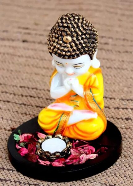 Handcrafted Little Baby Monk with Tealight Holder & Wooden Base - 22 cm Decorative Polyresin Showpiece (Multicolor)