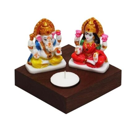 Wooden Tea Light Holder with Lakshmi Ji & Ganesha - 4x4 Inches - Spiritual Home Décor & Diwali Decoration