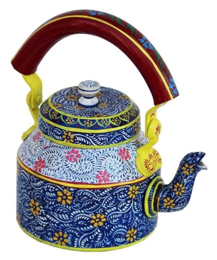 Hand-Painted Traditional Aluminum Decorative Tea Kettle – Colorful Design, 8.5 x 8.25 x 5.5 Inches