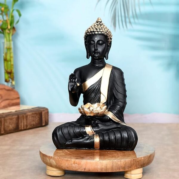 Blessing Black Buddha Diya Statue - 25 cm Polyresin Multicolor Decorative Idol for Living Room, Home Decor & Gift Showpiece