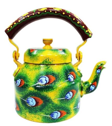 Handpainted Traditional Aluminum Tea Kettle - Colorful Decorative Design (8.5 x 8.25 x 5.5 Inches)