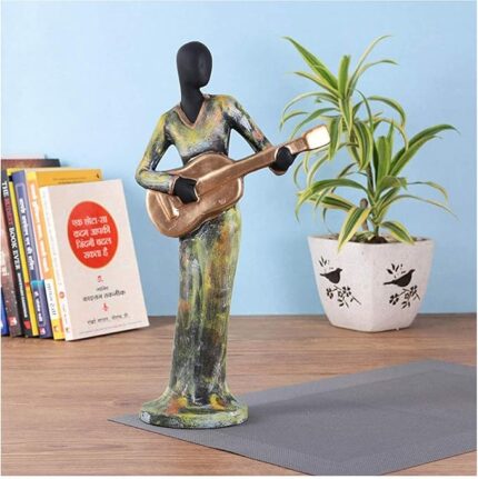 Handpainted Polyresin Human Musician Statue - 34cm Decorative Showpiece in Green & Gold for Home Decor