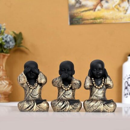 Handcrafted Set of 3 Baby Monk Figurines - 12 cm, Polyresin, Gold & Black Decorative Showpieces for Home Décor