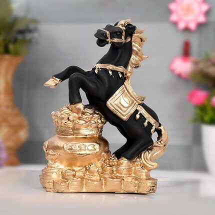 Handcrafted Lucky Running Horse Money Bank - Vaastu Decorative Showpiece (17 cm, Polyresin, Black & Gold)