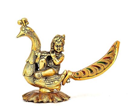 Handcrafted Laddu Gopal with Basuri on Peacock Base – 15 cm Metal Gold Decorative Showpiece