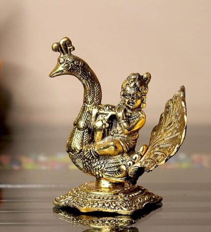 Handcrafted Laddu Gopal Playing Basuri on Peacock Decorative Showpiece - 15 cm, Gold Metal Craft