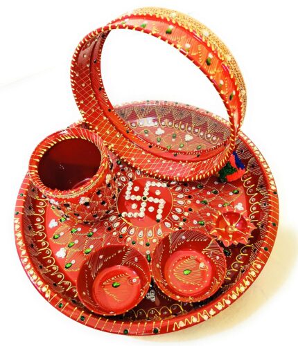 Karwa Chauth Puja Thali Set with Chalni, Karwa & Diya – Traditional Decorative Set for Married Women