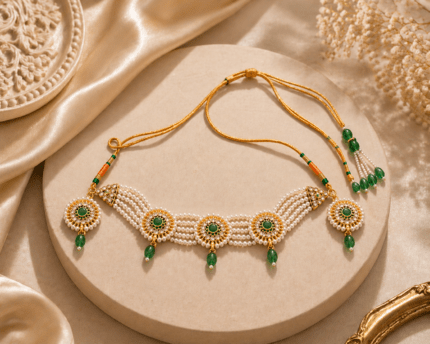 RAJASTHANI CHOKER IN WHITE AND GREEN MOTI WITH ROUND PENDANT