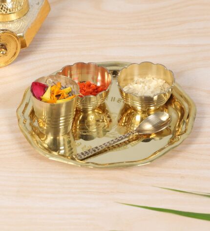 Brass Pooja Thali Set, Brass Thali Set for Bhog, Set of 1 Thali, 2 Katori, 1 Glass and 1 Spoon, Golden, Gifts for Puja Ceremony, Plate for Pooja - Set of 5 Pieces, Small
