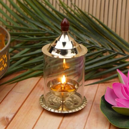 Brass Akhand Diya with Borosilicate Glass Cover | Medium Oil Lamp 5.9"