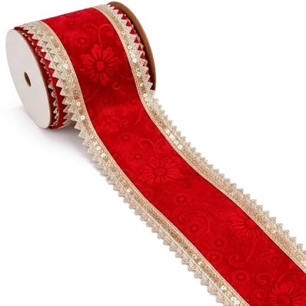 Soft Velvet Red Lace Border Sequence Embroidery with Gota Patti & Zari Work | 9 Meter (8cm Wide) Floral Sewing Trim for Ethnic Wear Red