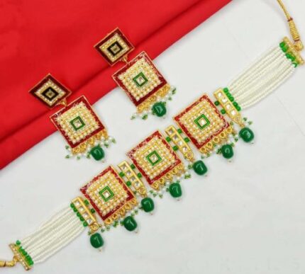 RAJASTHANI CHOKER SET WITH SQUARE PENDANT WITH PINK AND GREEN STONES