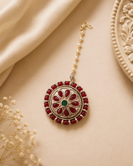 SILVER BORLA WITH RANI COLOR STONES AND PEARLS
