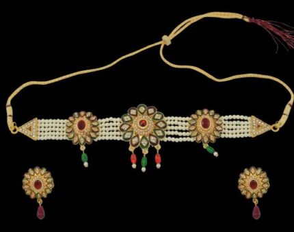 RED STONE EMBELLISHED TRADITIONAL RAJASTHANI CHOKER IN MEENAKARI WORK