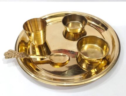 Laddu Gopal Bhog Thali Set with Bowl, Glass & Spoon | Golden Finish Pooja Thali for Janmashtami & Daily Bhog | Bal Gopal Puja Accessories Size Small