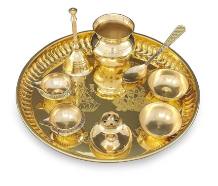 BENGALEN Pooja Thali Set Brass Puja Thali Pital 8 Inch With Accessories Kuber Diya Ghanti Kalash Spoon Bowl Agarbatti Stand For Diwali Gifts Home Office Wedding Gift Items
