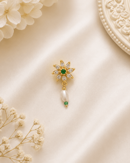 RAJWADI BESAR IN GREEN ONE BEAD WORK NOSE PIN.
